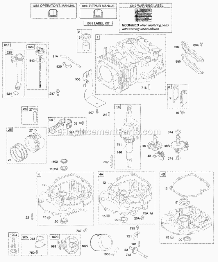 Camshaft Crankshaft Cylinder Engine Sump Lubrication Piston Group Diagram and Parts List for 121602-0317-E1  Briggs and Stratton Engine